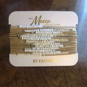 Erimish 27 White/Gold Mecca Collection Beaded Stretchable Stackable Bracelets.